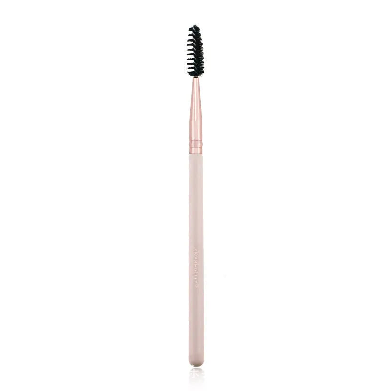 26 pink-handled makeup brushes with wool bristles in a rolled-up PU case