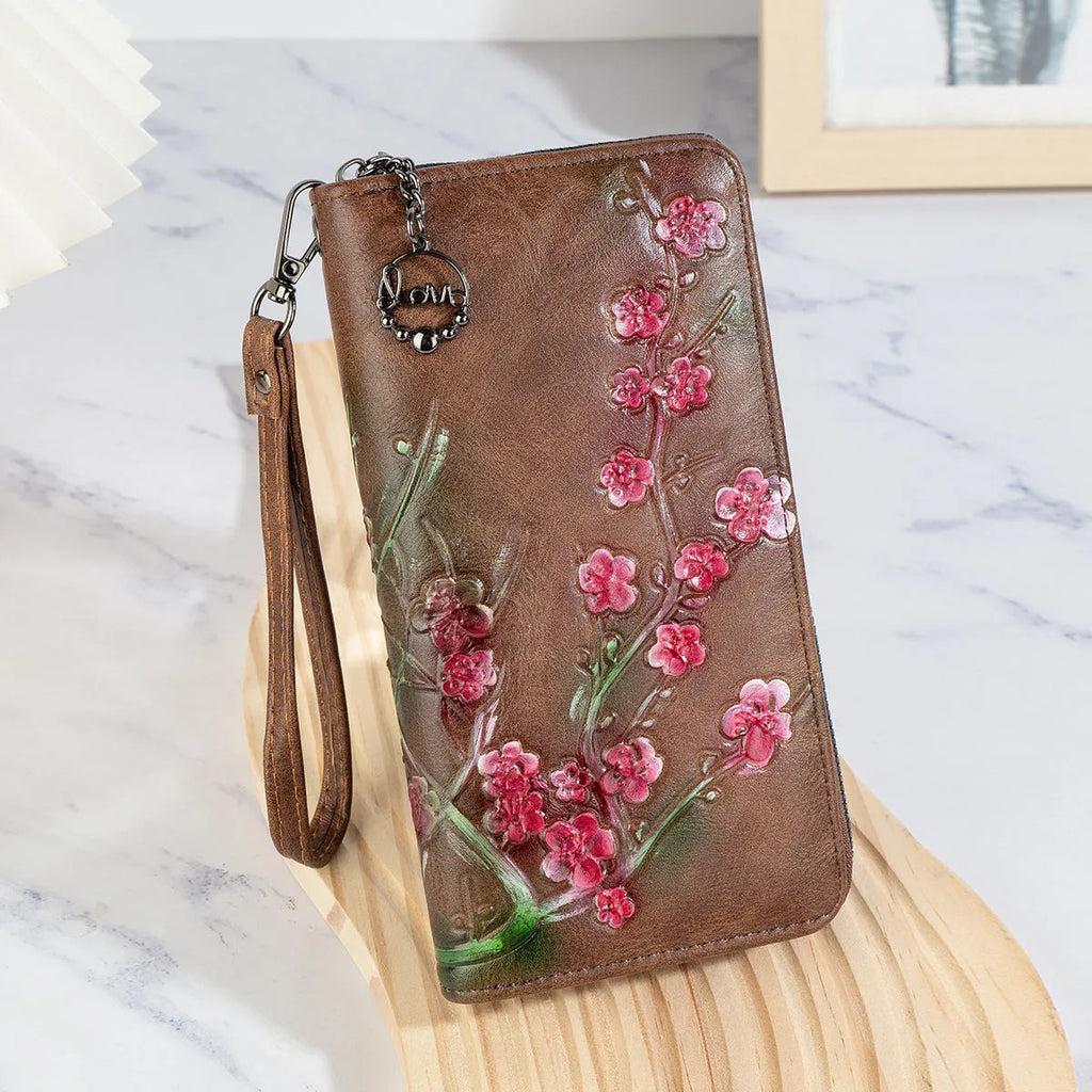 Embossed floral handbag with hand-painted Chinese details and zipper closure in black, brown, or coffee