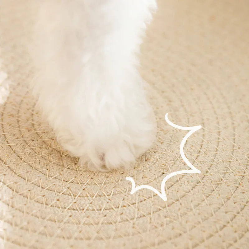 Green oval sisal cat scratcher bed measuring 650mm with scratching surface and lounging area