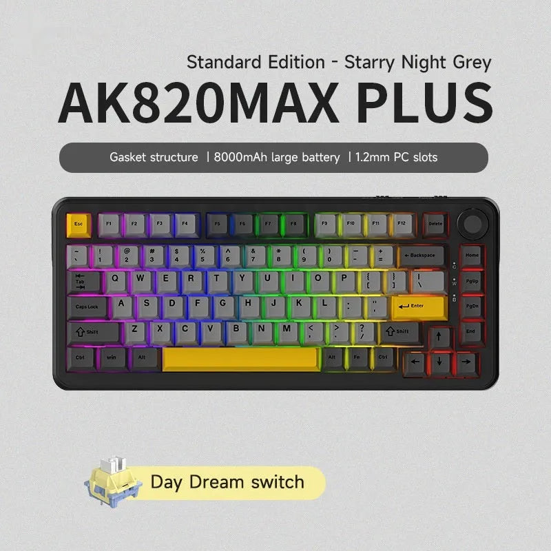 Black, Gray And Yellow three-mode wireless mechanical keyboard with hot-swappable switches and included accessories.