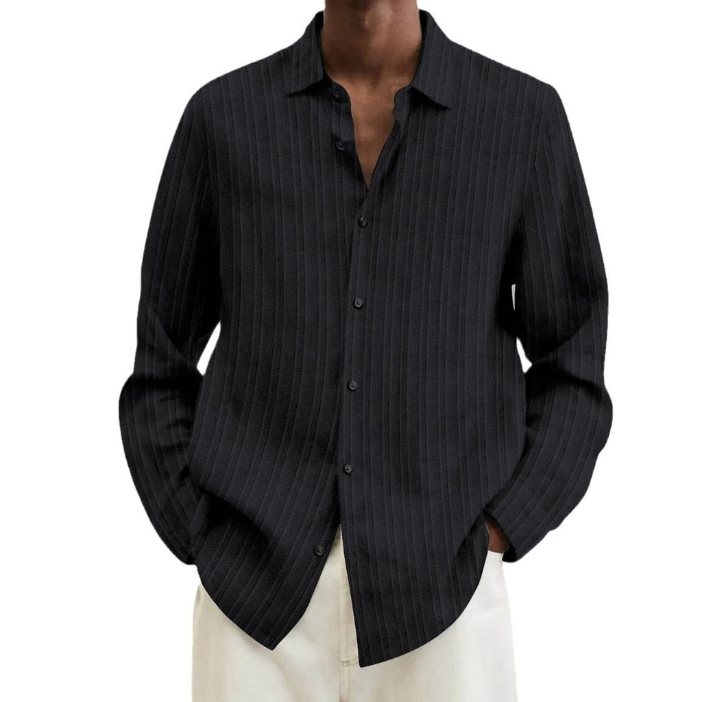 Men's striped long sleeve cardigan shirt in a loose British style fit, showing 3D pattern detail.