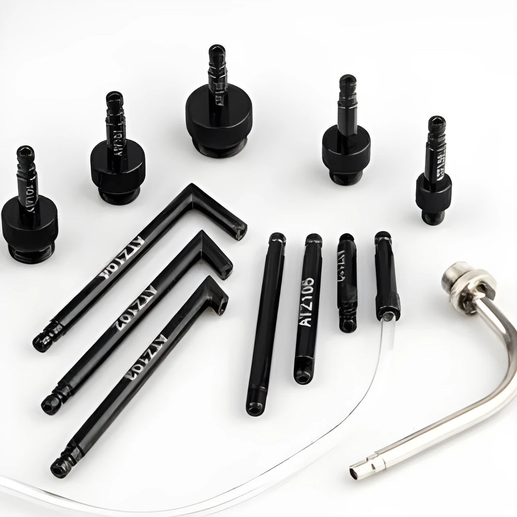 Thirteen piece automatic transmission fluid refuelling tool kit with wave box connector and pump.