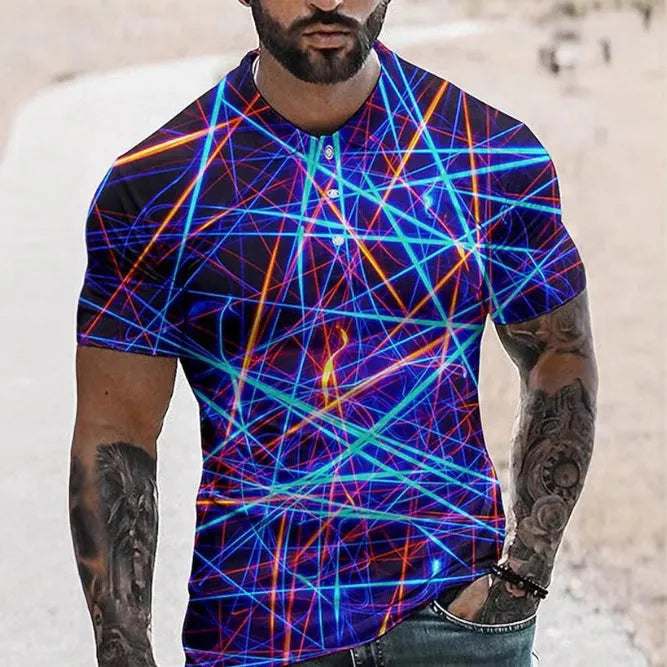Men's short sleeve sports shirt with 3D printed pattern and lapel button in polyester fabric