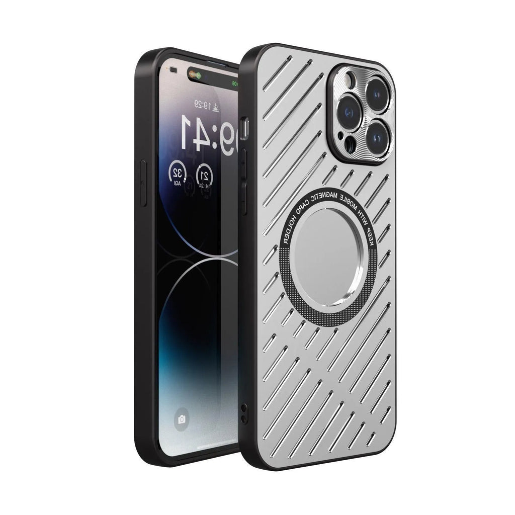 Breathable metal phone case for iPhone in bright silver with hollow drop-resistant design and magnetic suction