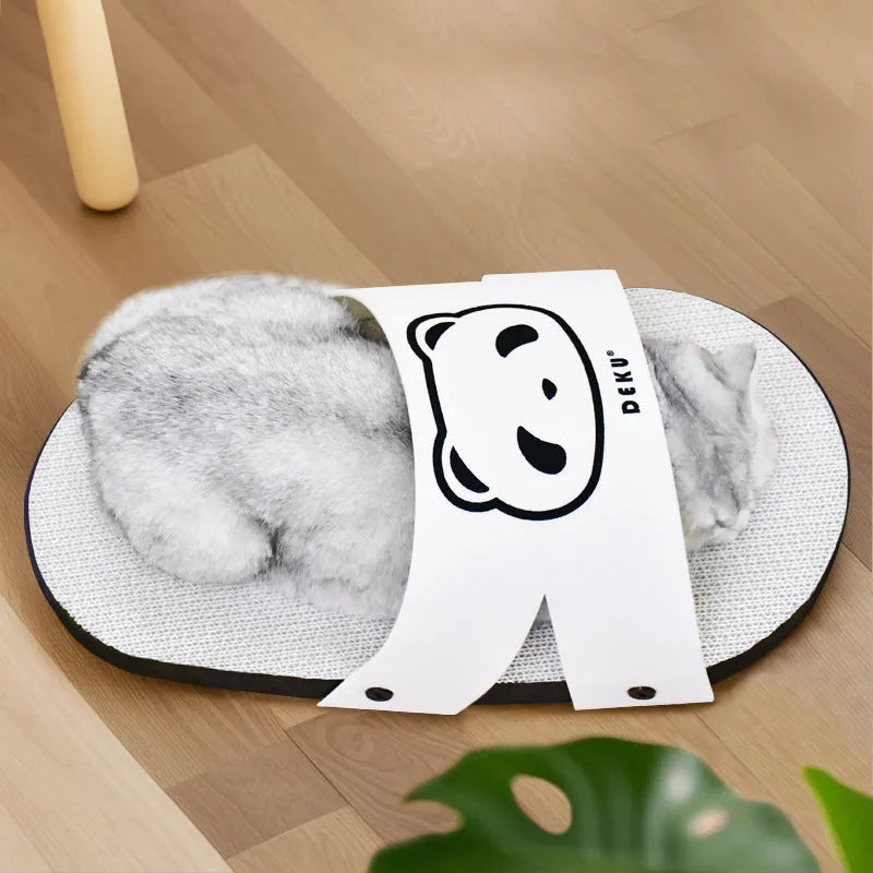 White slipper-style corrugated paper cat scratch board on flat surface