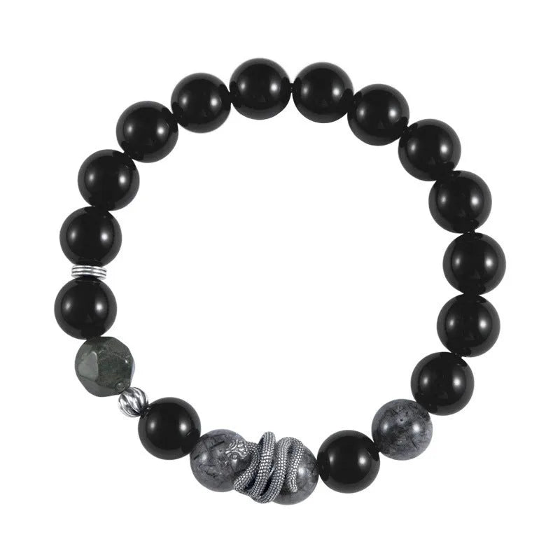 S925 sterling silver obsidian snake bracelet with 10mm retro zodiac design for men