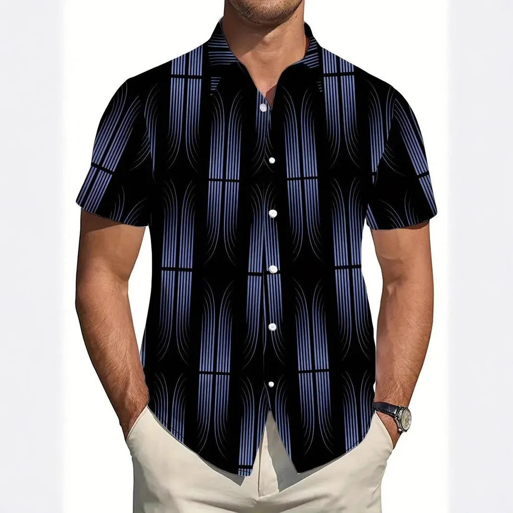 Men's slim fit geometric print lapel shirt in polyester fabric with short sleeves