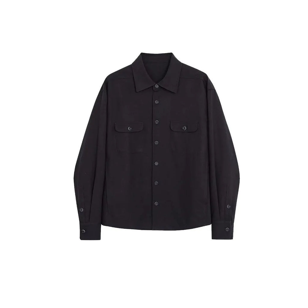 Men's light sand rice colour casual long sleeve shirt with a simple lapel, on a hanger.
