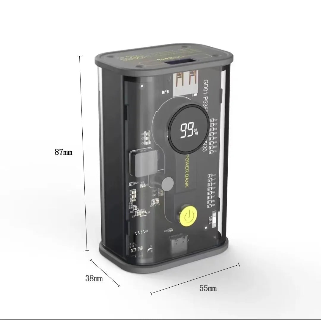 Transparent industrial power bank with aluminium case showing internal 18650 battery cells