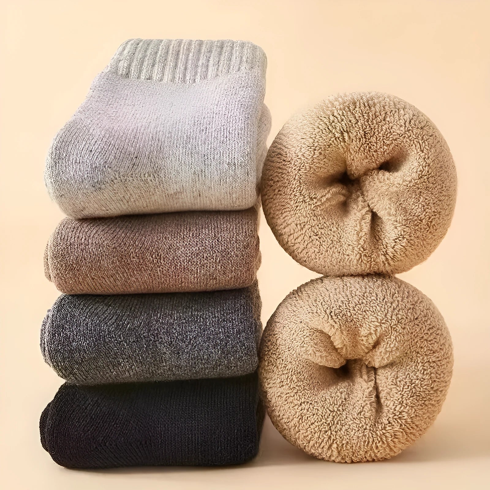 A pair of solid-colour thick wool socks with a winter midsole, shown in a choice of black, khaki, light grey, or dark grey.
