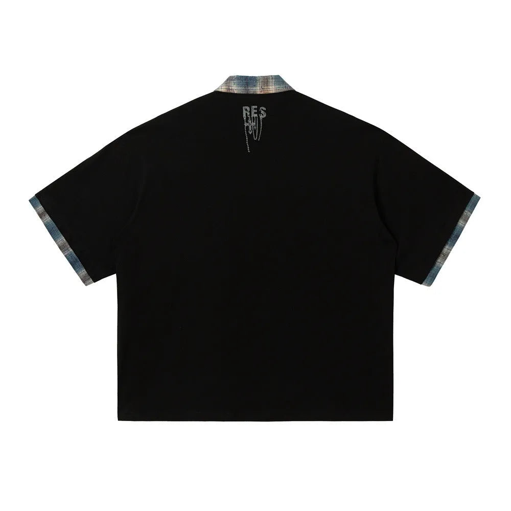 Men's loose fit cotton top with asymmetric graffiti print in blue or red