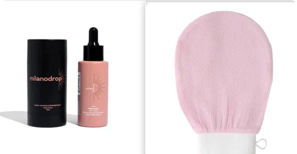 Matte sun tanning black liquid bottle and tube showing 50ml tanning drops and 75ml flash cream.