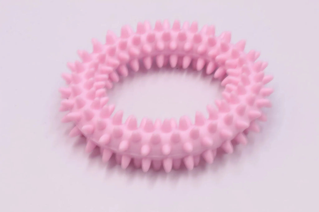 TPR spiky circle ring dog chew toy in assorted colours showing dental cleaning nubs