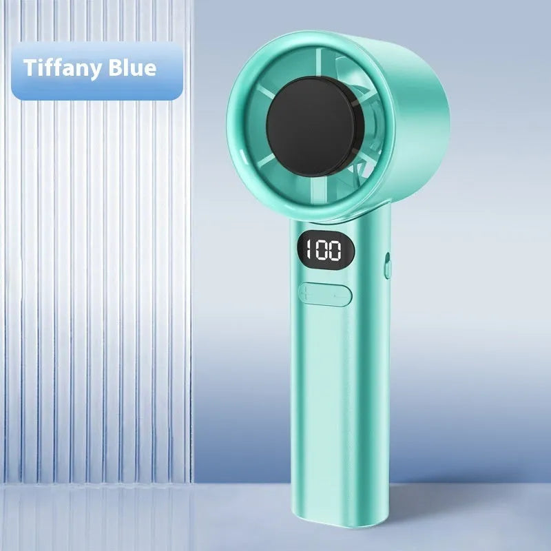 A white USB rechargeable handheld fan with 6 plastic blades, showing variable speed control and a compact design.