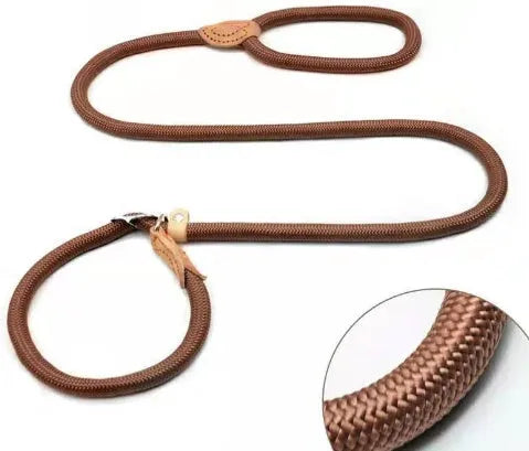 Brown nylon P-chain dog leash with hand-holding rope, 2.1 metres long