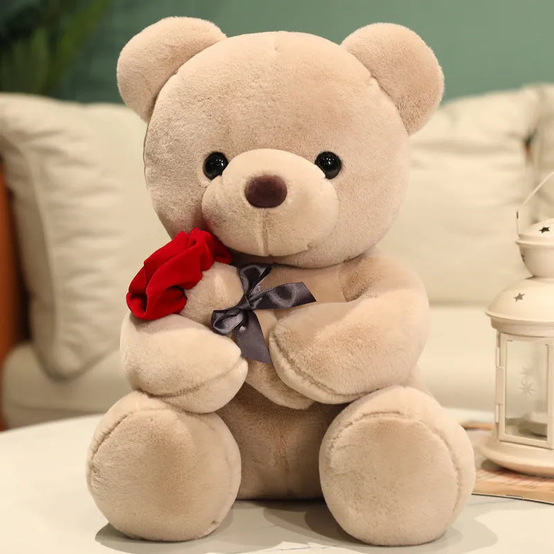 Plush teddy bear pillow in rose bear colours with cartoon design, shown in 25cm, 35cm and 45cm sizes