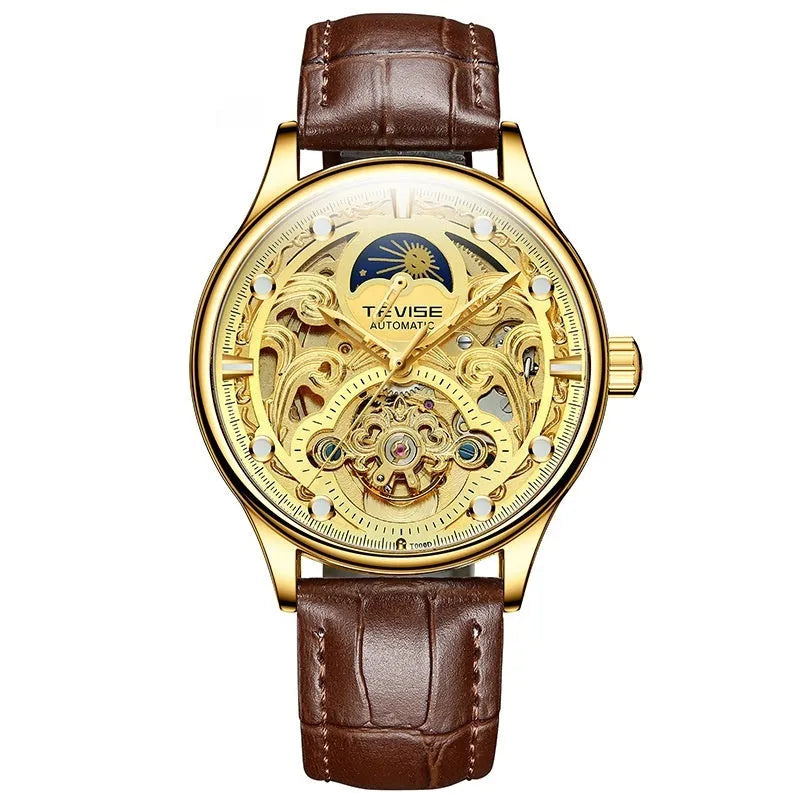 Men's waterproof automatic mechanical watch with leather strap and 16mm gold case