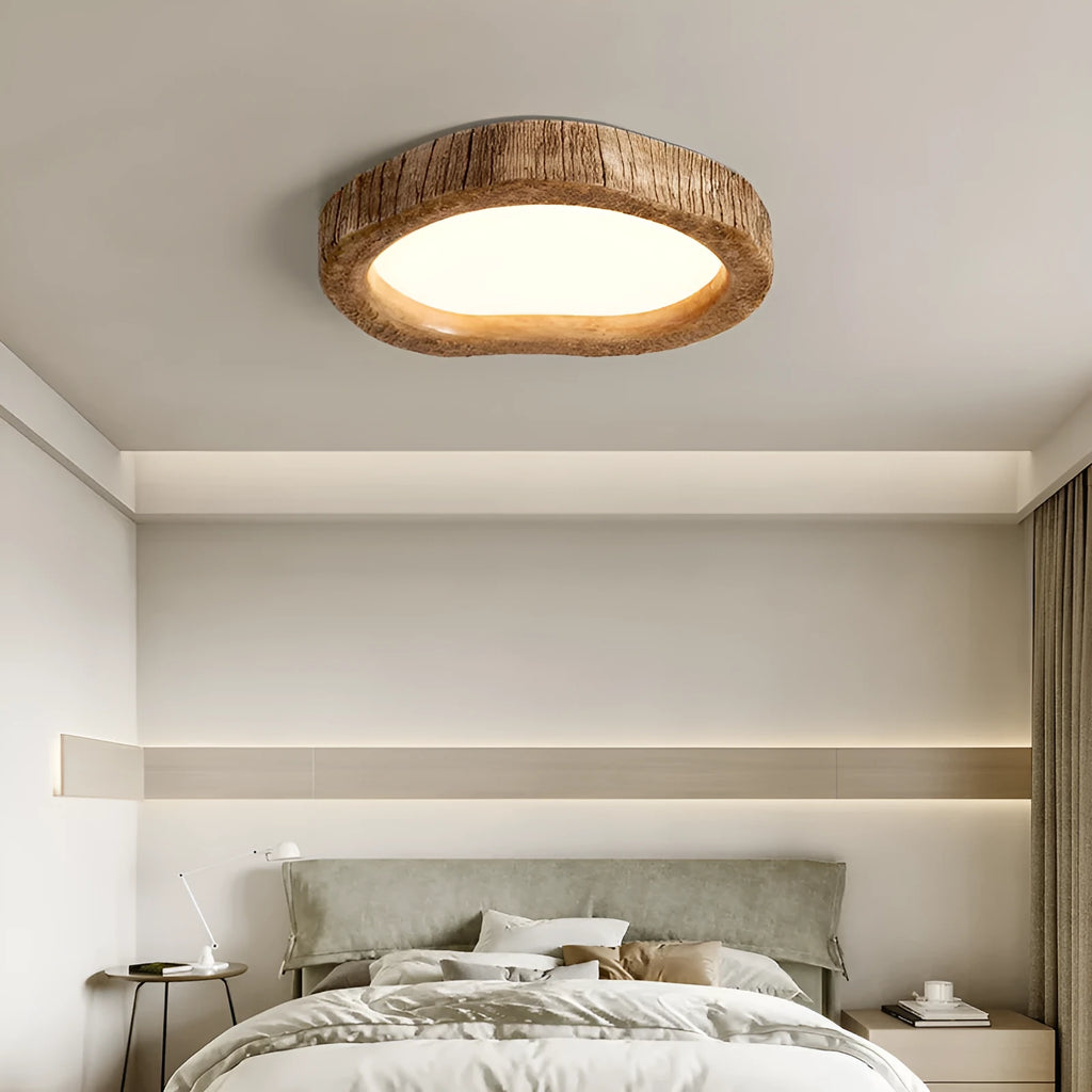 Wood grain finish circular ceiling lamp in new Chinese style design for bedroom installation