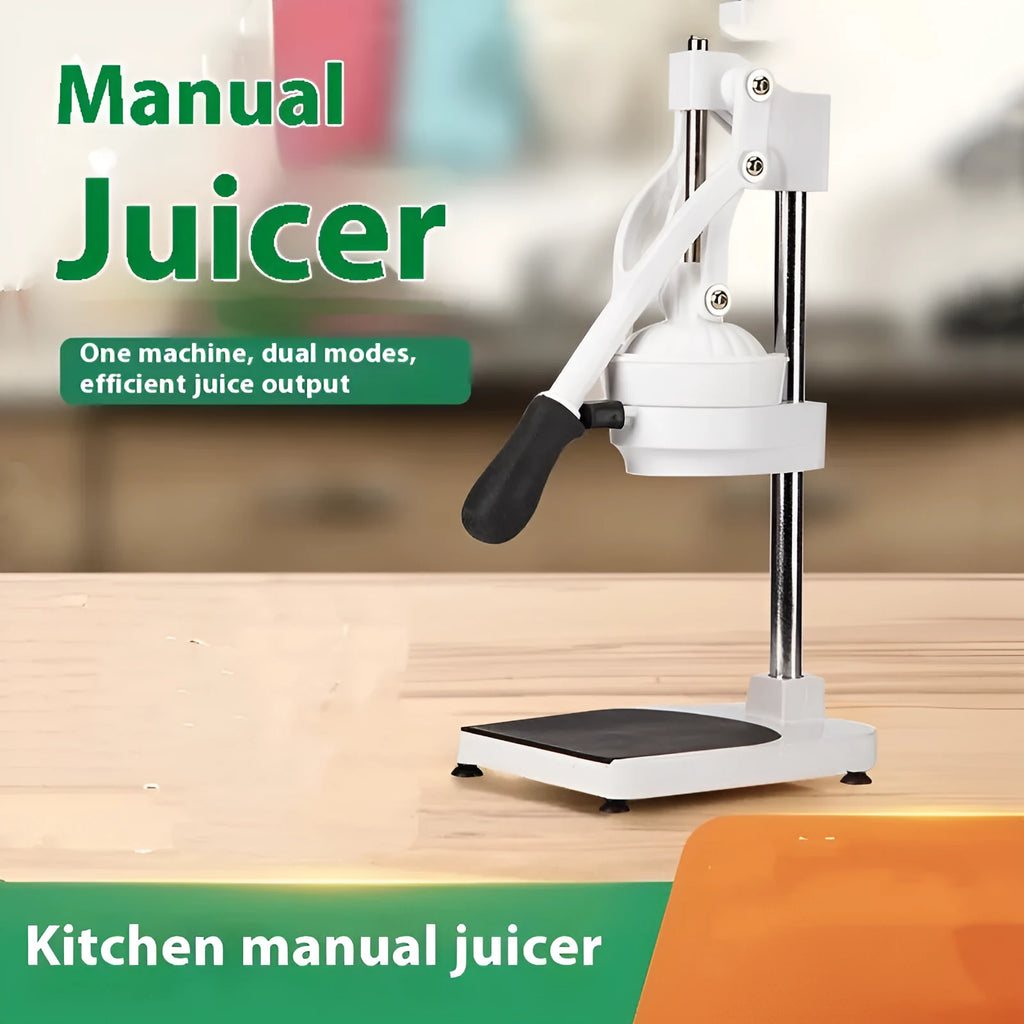 Manual stainless steel citrus juicer with quick-disassembly mechanism and choice of flat or pointed die.