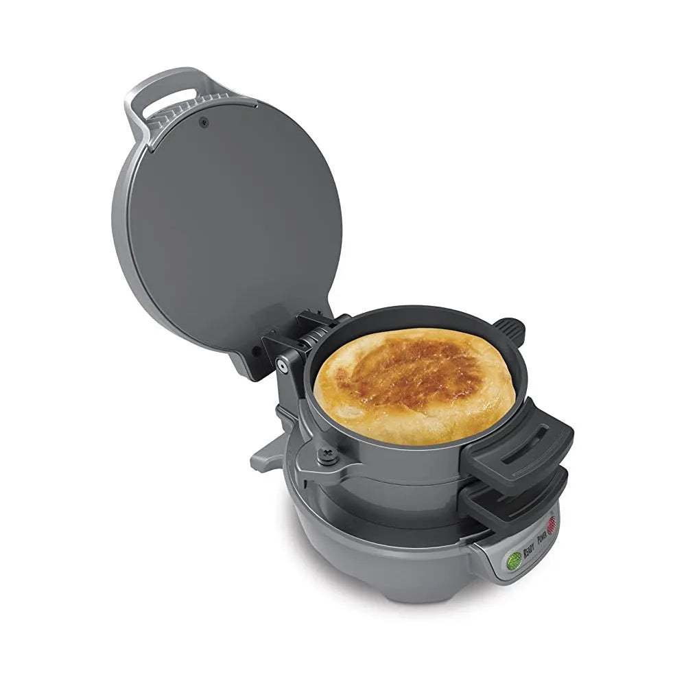 Breakfast sandwich maker with egg cooker ring in red orange or grey with two baking trays