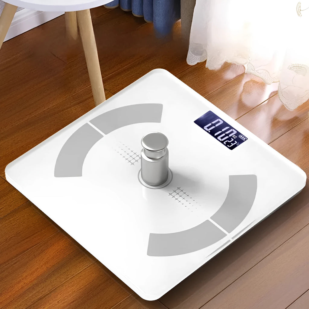 Smart Bluetooth rechargeable body fat scale in white, black, or pink measuring weight, fat, calories, and moisture