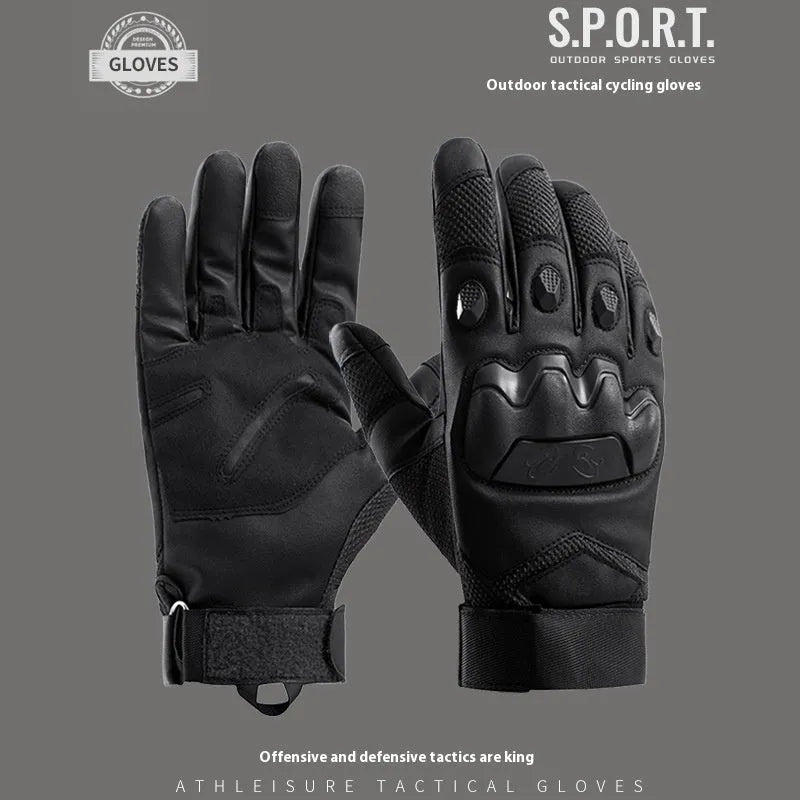 Men's black full finger tactical gloves with touch screen capability on the fingertips.