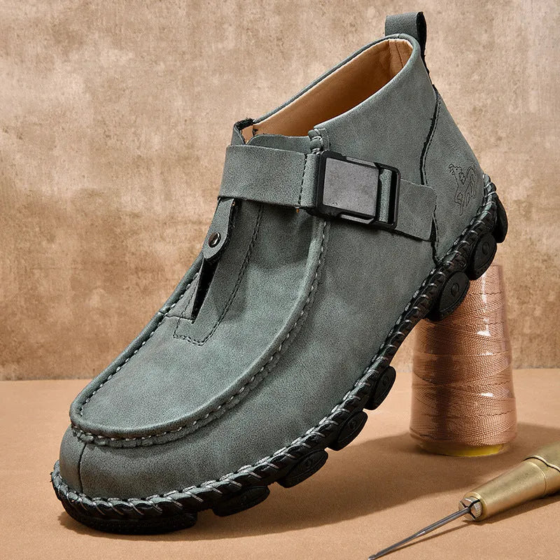Handmade stitching casual flat bottom slip on shoes in synthetic leather available black green brown