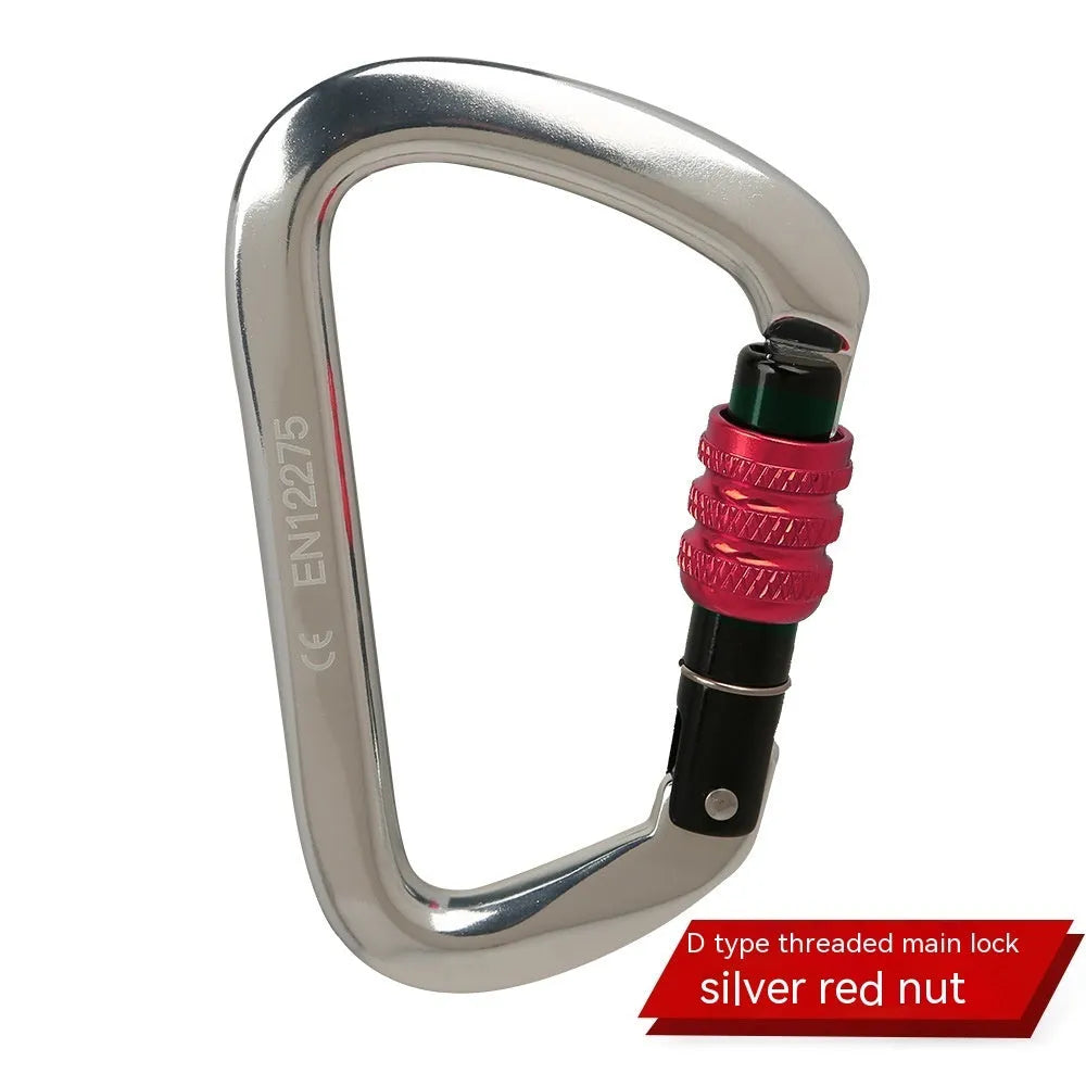 D-shaped climbing carabiner main lock in colours: black, blue, orange, red, silver red with automatic or threaded gate.