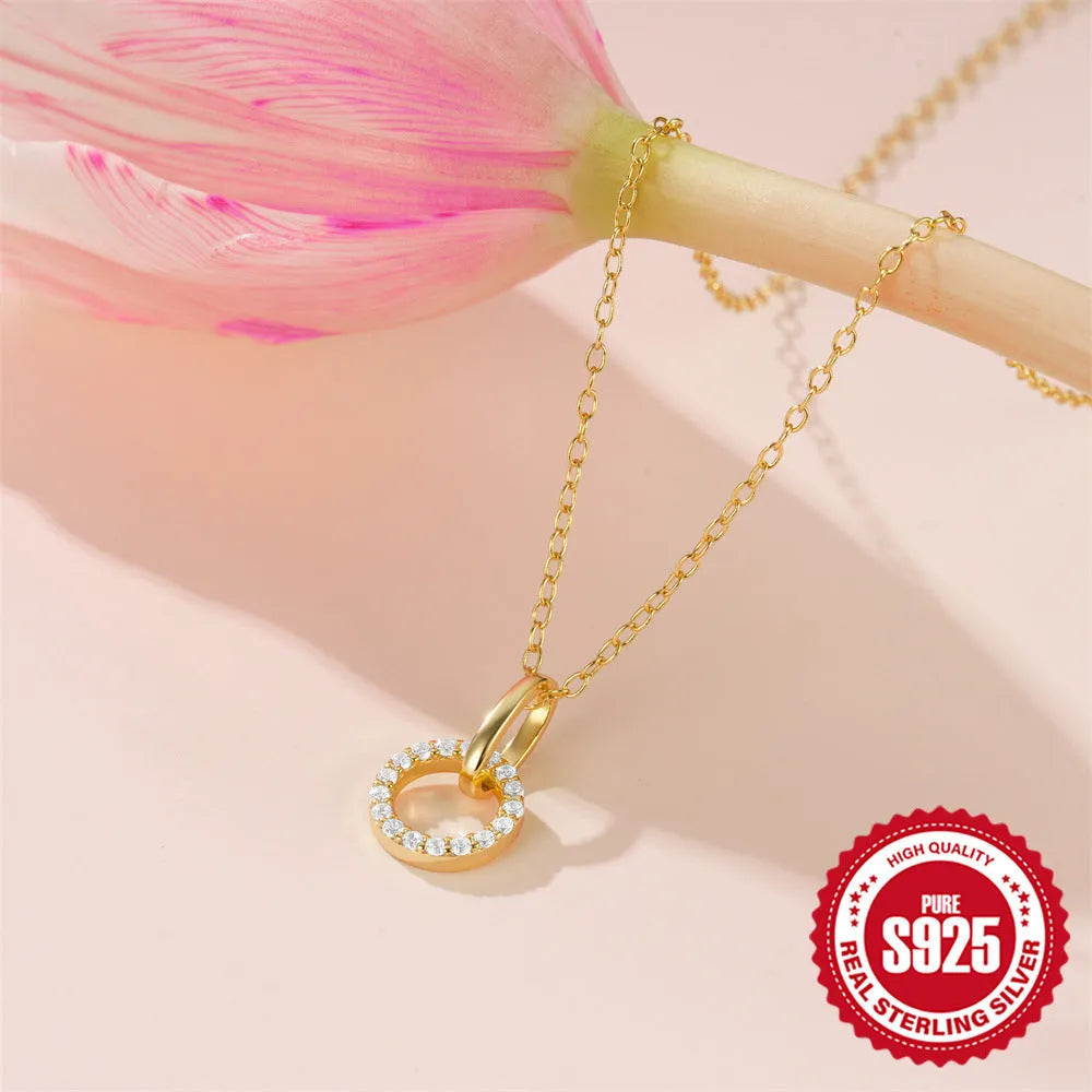 S925 sterling silver clavicle chain necklace with micro-inlaid zircon detailing in gold colour