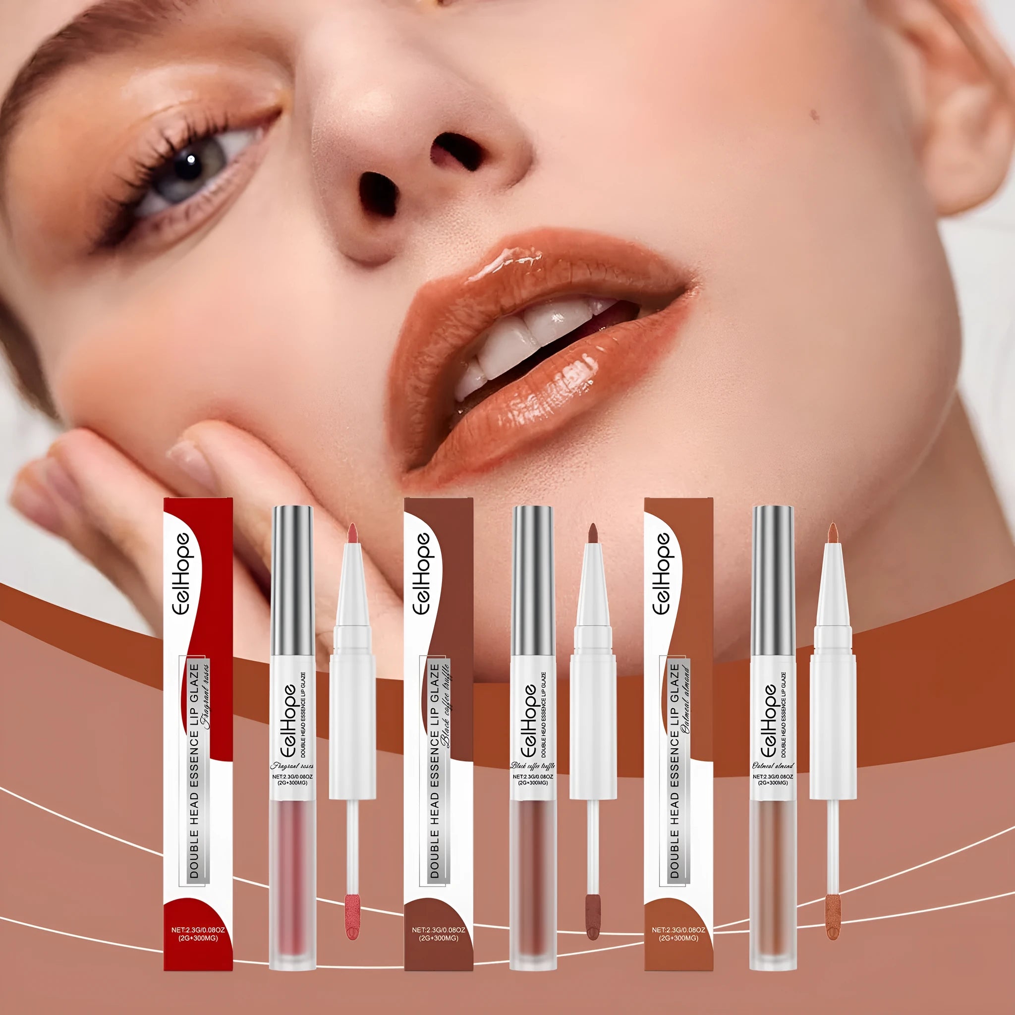 Double-headed lip liner and lip lacquer pen lipstick in choice of three colours.
