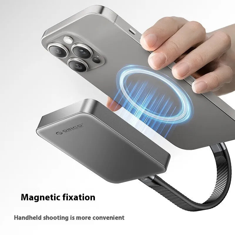 Grey magnetic mobile solid state drive with ultra-thin design showing dimensions and included accessories