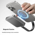 Grey magnetic mobile solid state drive with ultra-thin design showing dimensions and included accessories