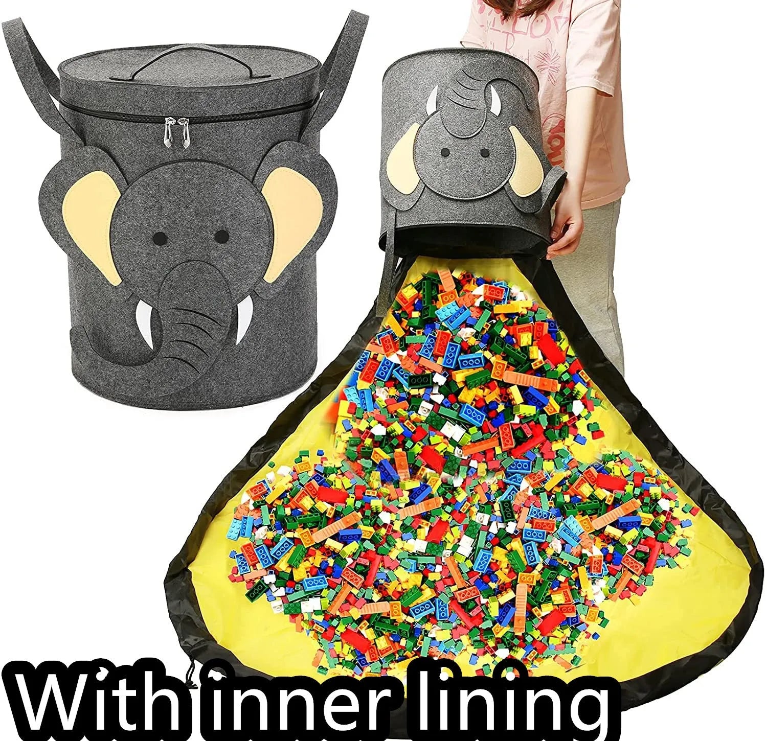 Green felt cube storage bag open as play mat with pull rope closure for toy organisation