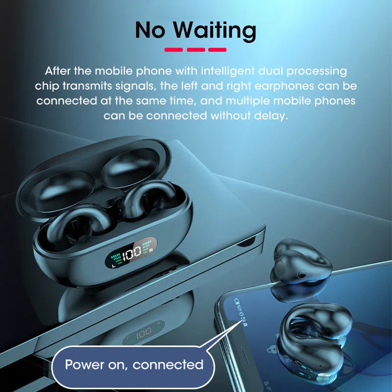 Black bone conduction Bluetooth headset clip worn on ear, showing ear clip design and bilateral speakers.