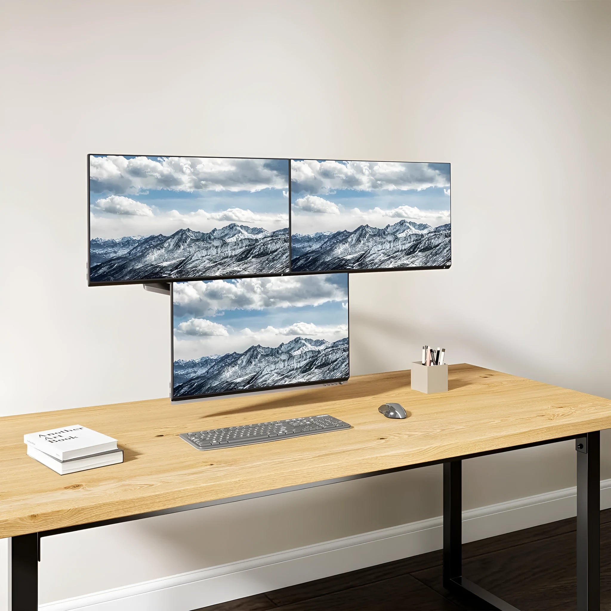 Black three-arm gas spring monitor mount for 27-inch screens with aluminium alloy construction