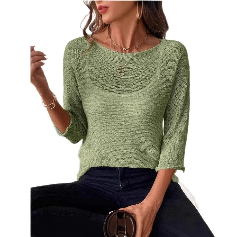Women's knitted off-shoulder top with 3D pattern in lavender purple colour showing 3/4 sleeve detail