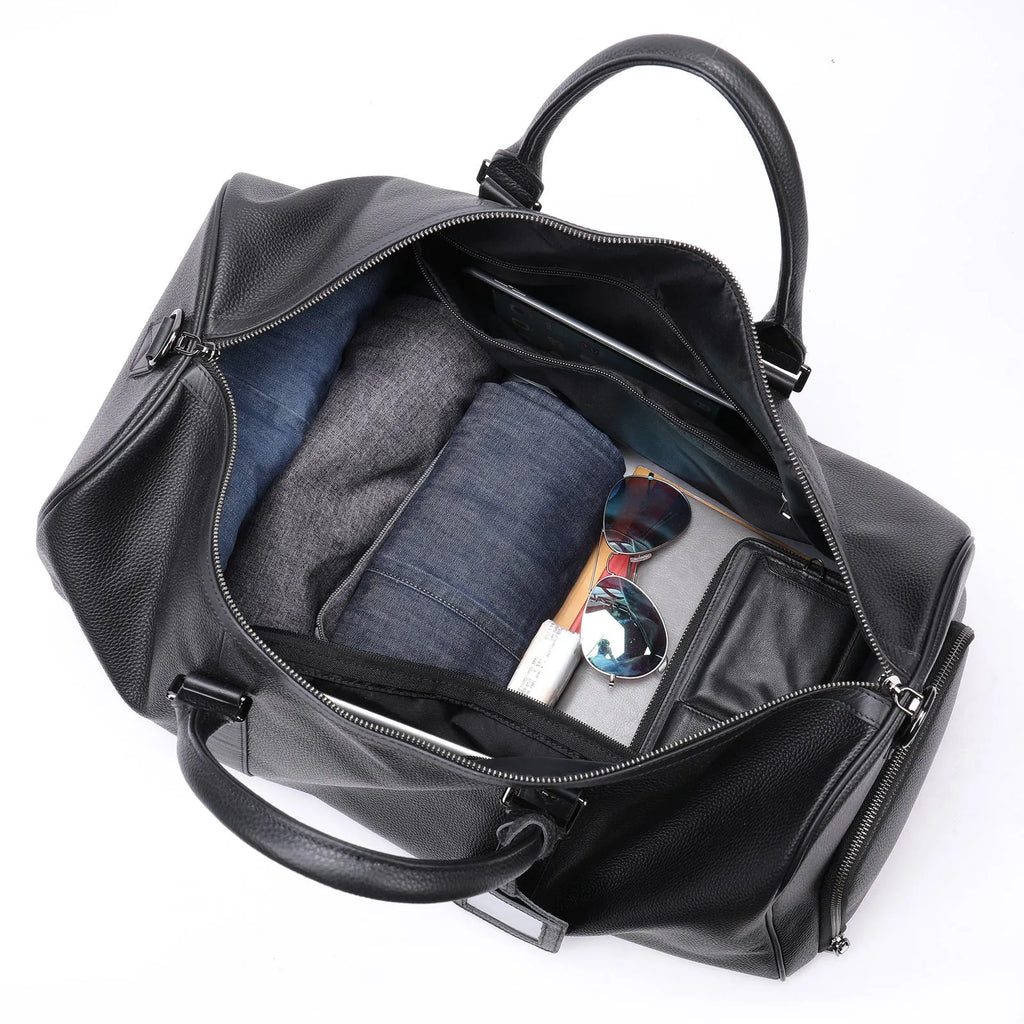 Men's leather tote bag in black and coffee colours showing 44cm and 55cm size options