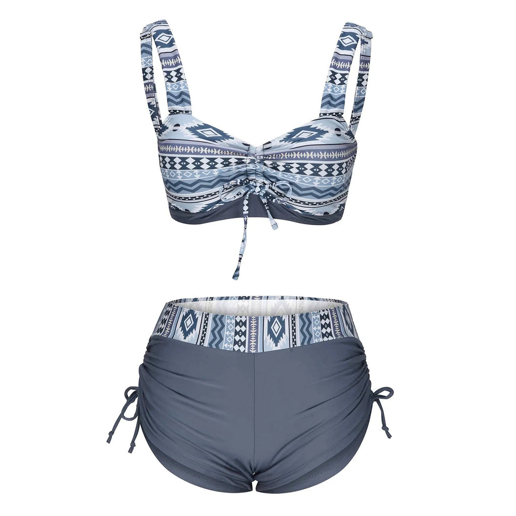 Women's split front bikini swimsuit in picture colour, showing triangle top and high-rise briefs.
