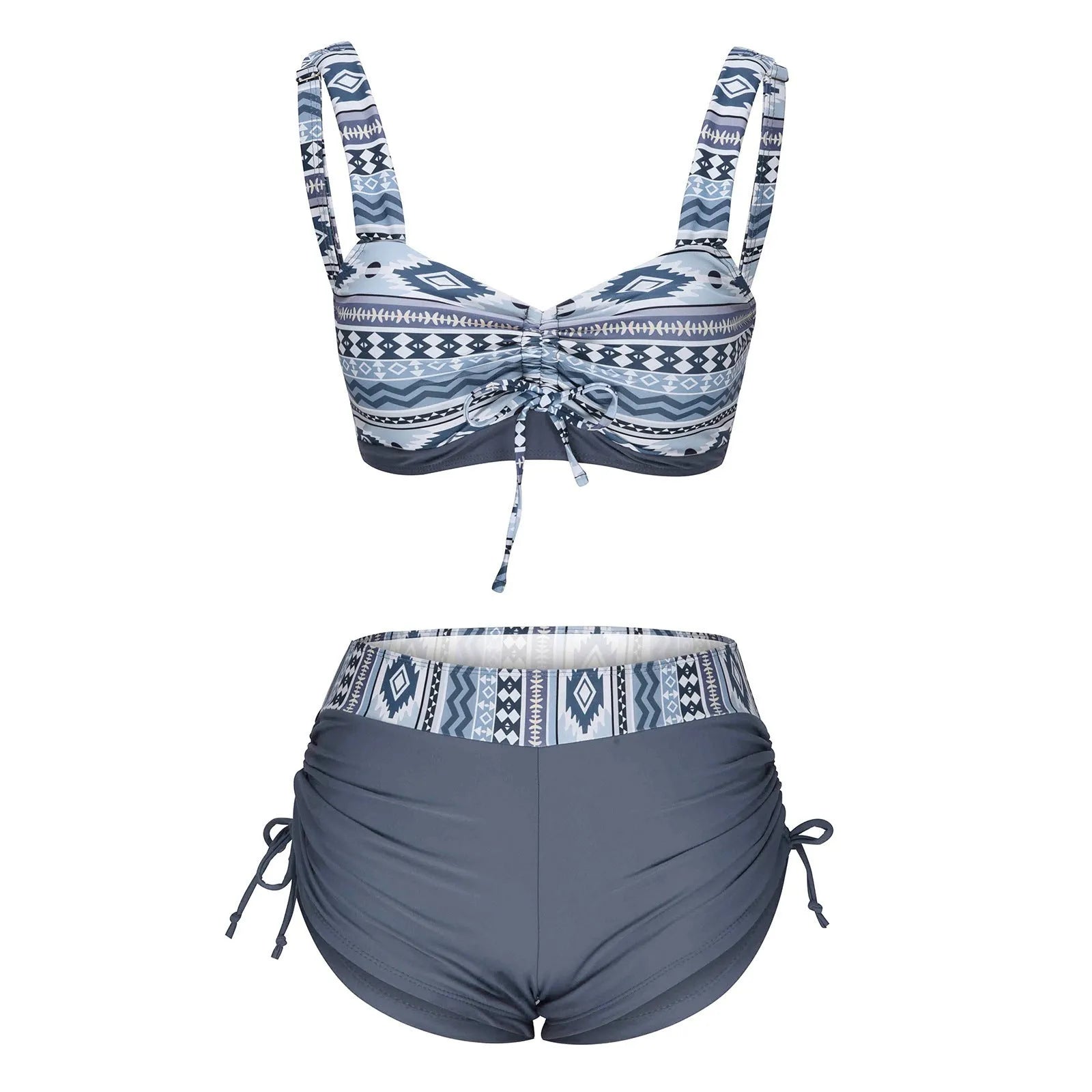 Women's split front bikini swimsuit in picture colour, showing triangle top and high-rise briefs.
