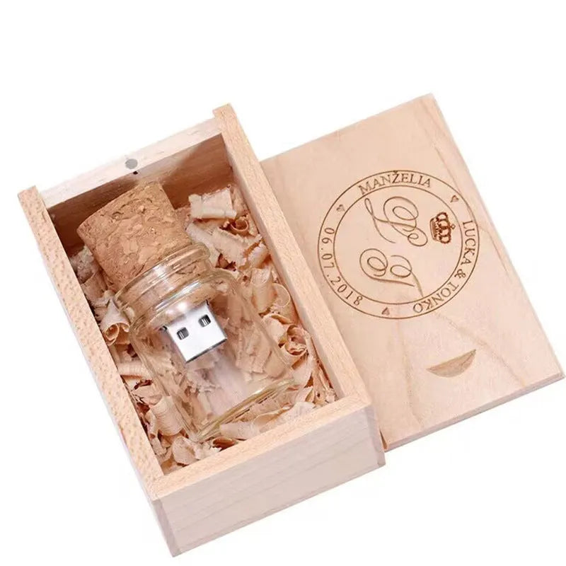 Transparent drift bottle USB flash drive with wooden ship inside, 60mm size