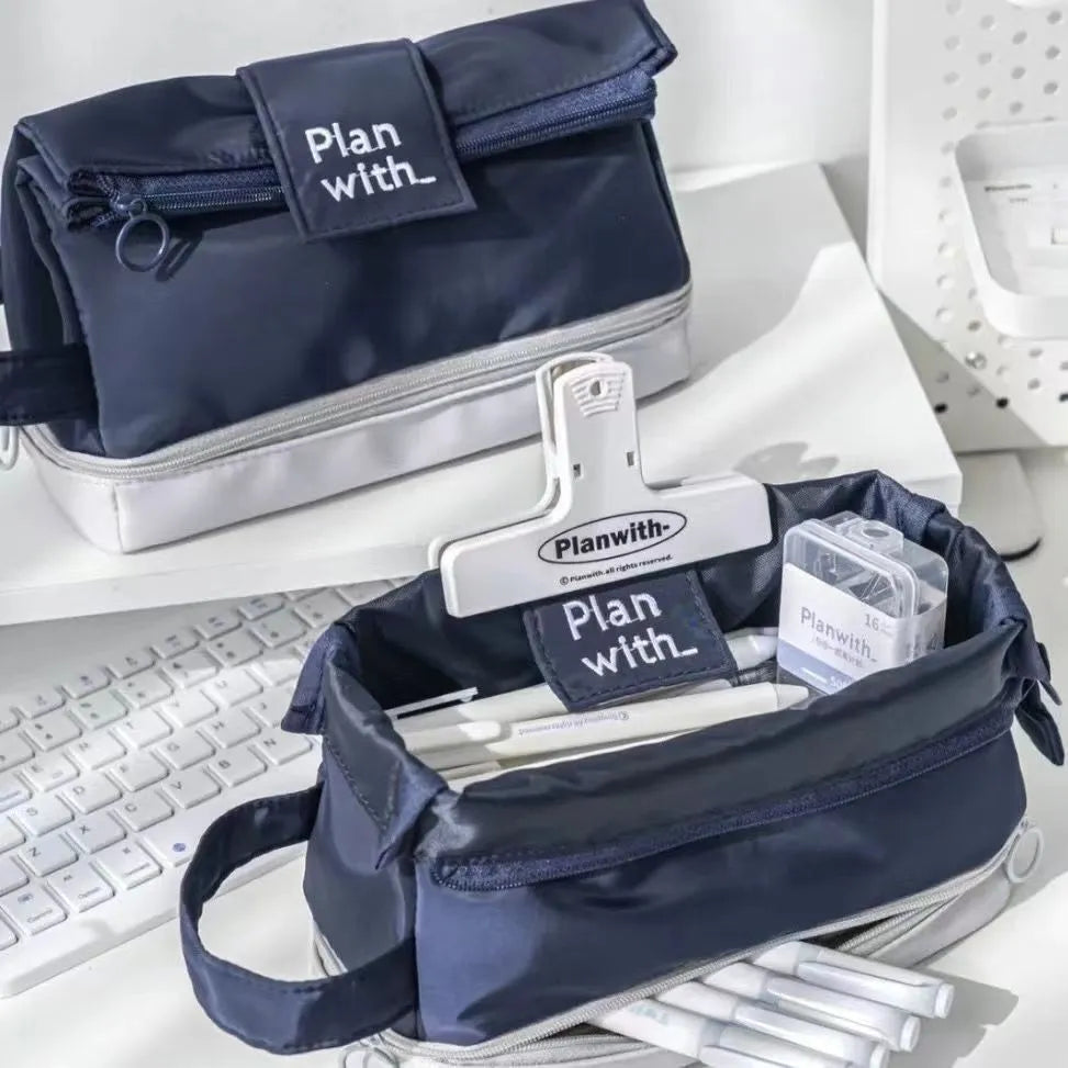 Folding double layer student pencil case in polyester with three colour options