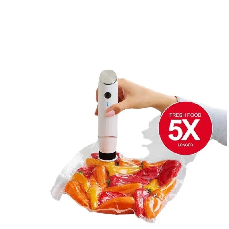 White USB electric vacuum food storage pump with five white 26x28cm plastic zipper bags.