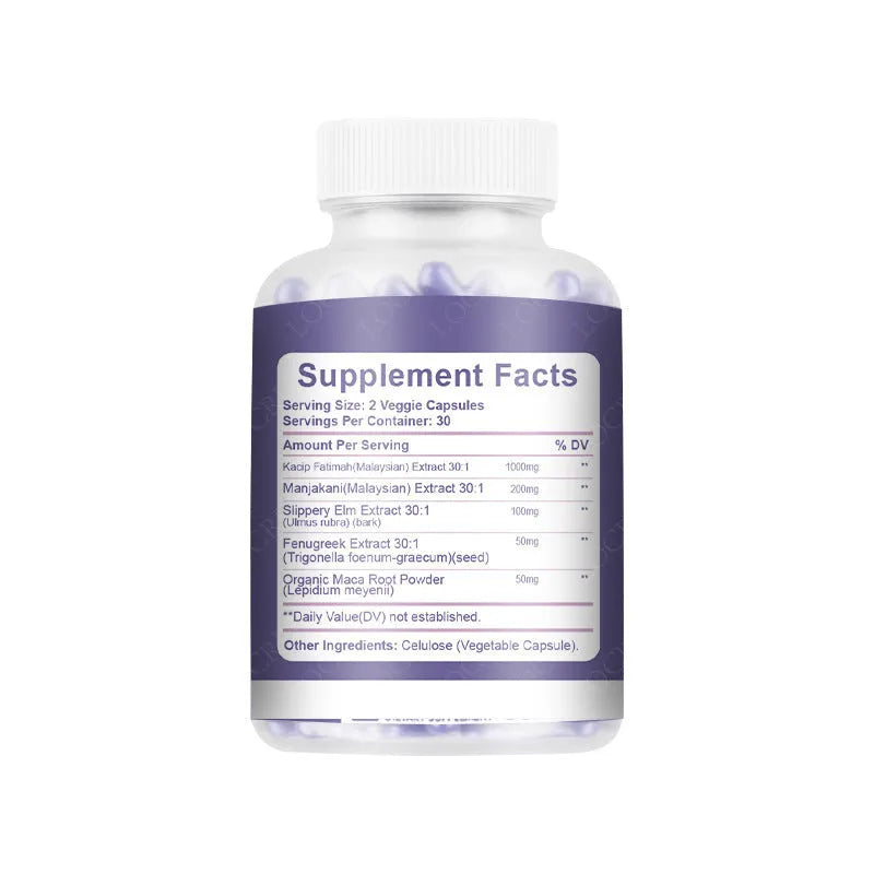 Bottle containing 60 vaginal capsules for women's intimate health with plant extract formulation