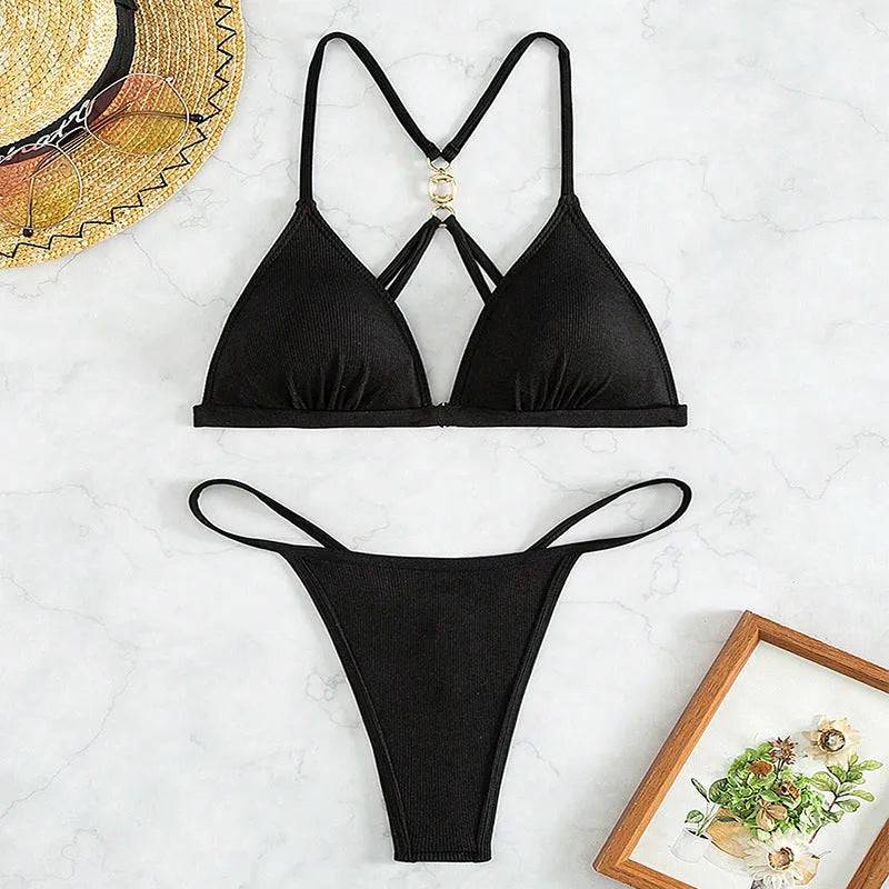 Black women's bikini with hollow open back design, triangle top, and high-cut briefs