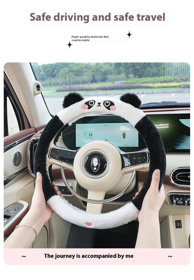Plush winter steering wheel cover with rabbit fur embroidered cartoon designs in 38cm diameter