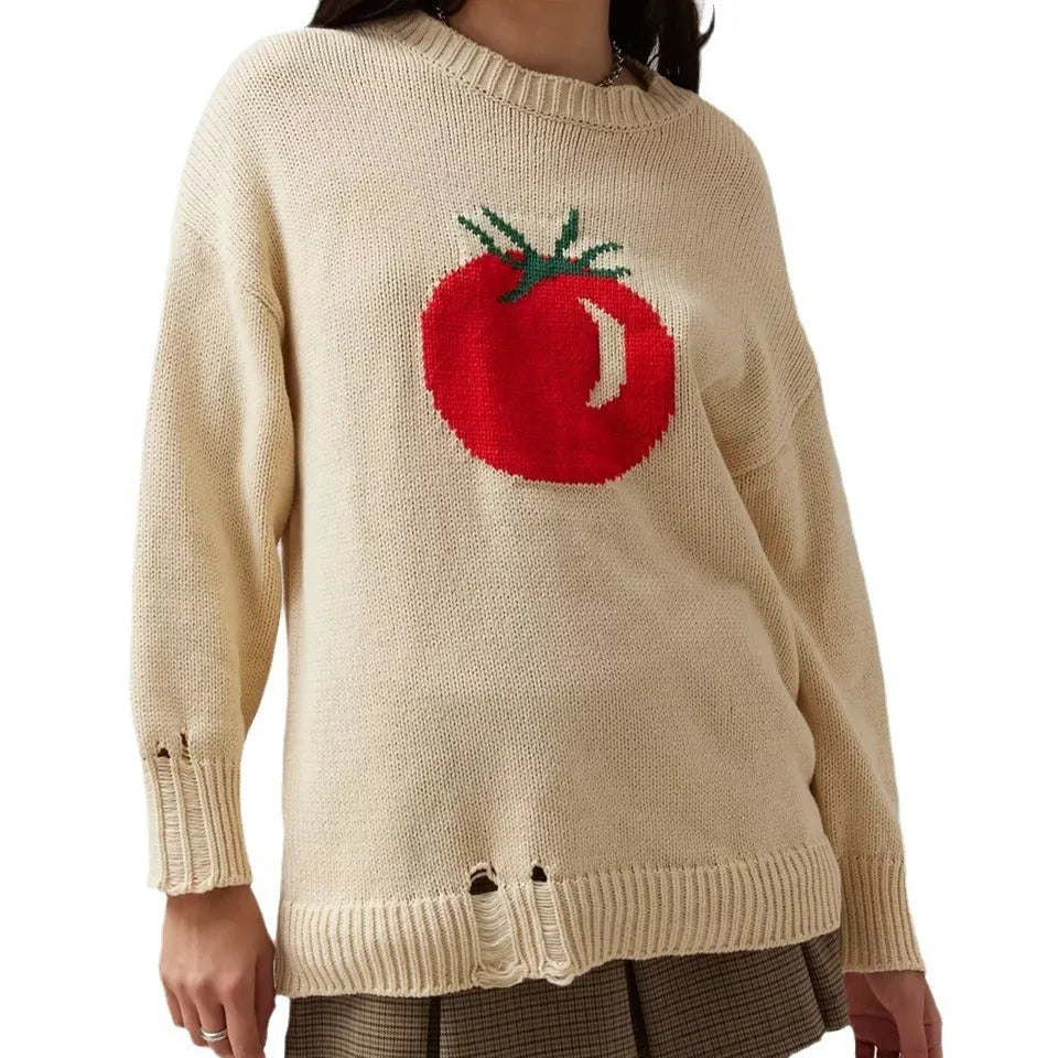 Women's loose-fitting milky white acrylic Jacquard pullover sweater with a round neck and long sleeves.