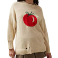 Women's loose-fitting milky white acrylic Jacquard pullover sweater with a round neck and long sleeves.