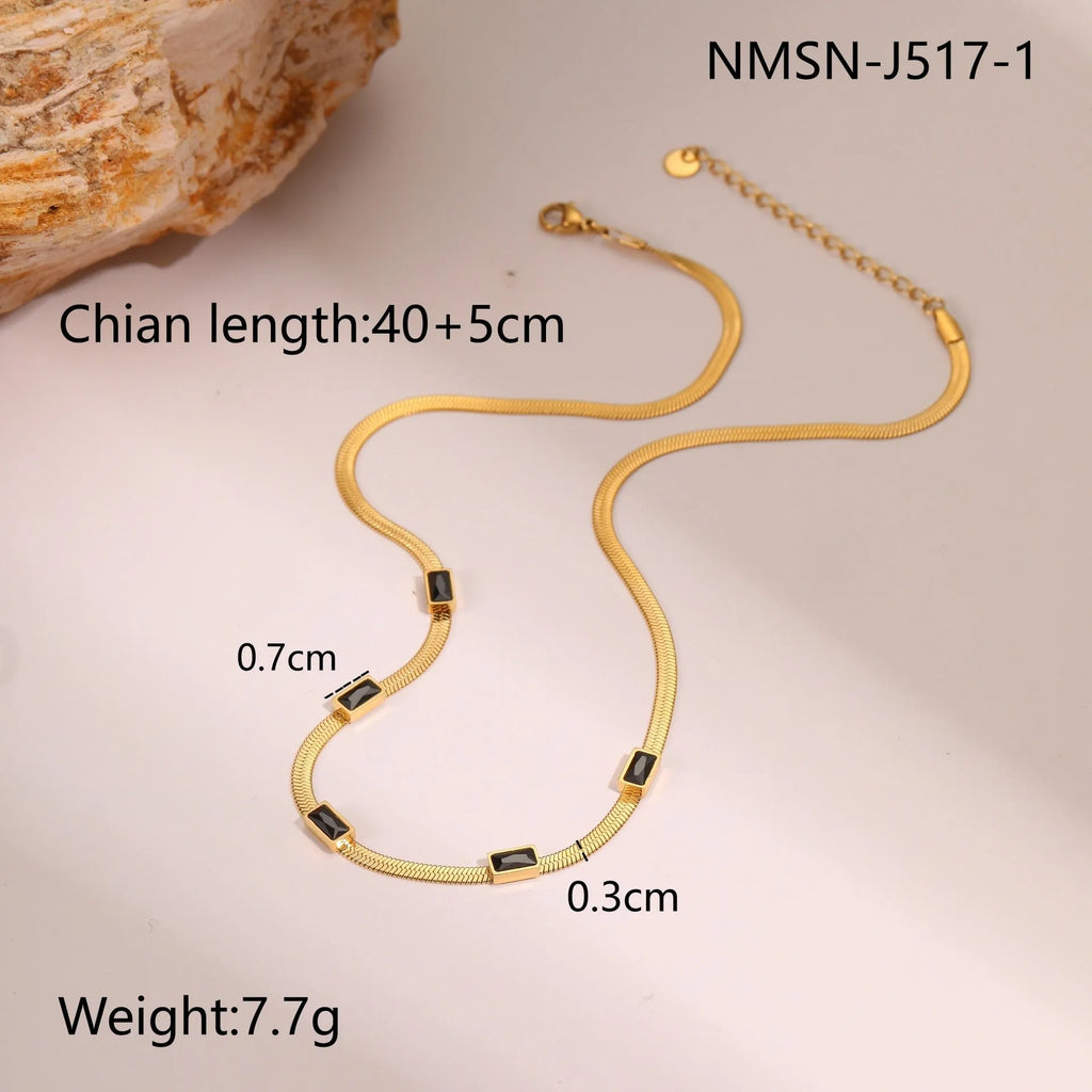 Geometric square zircon stainless steel necklace with flat snake chain and 18K electroplated finish