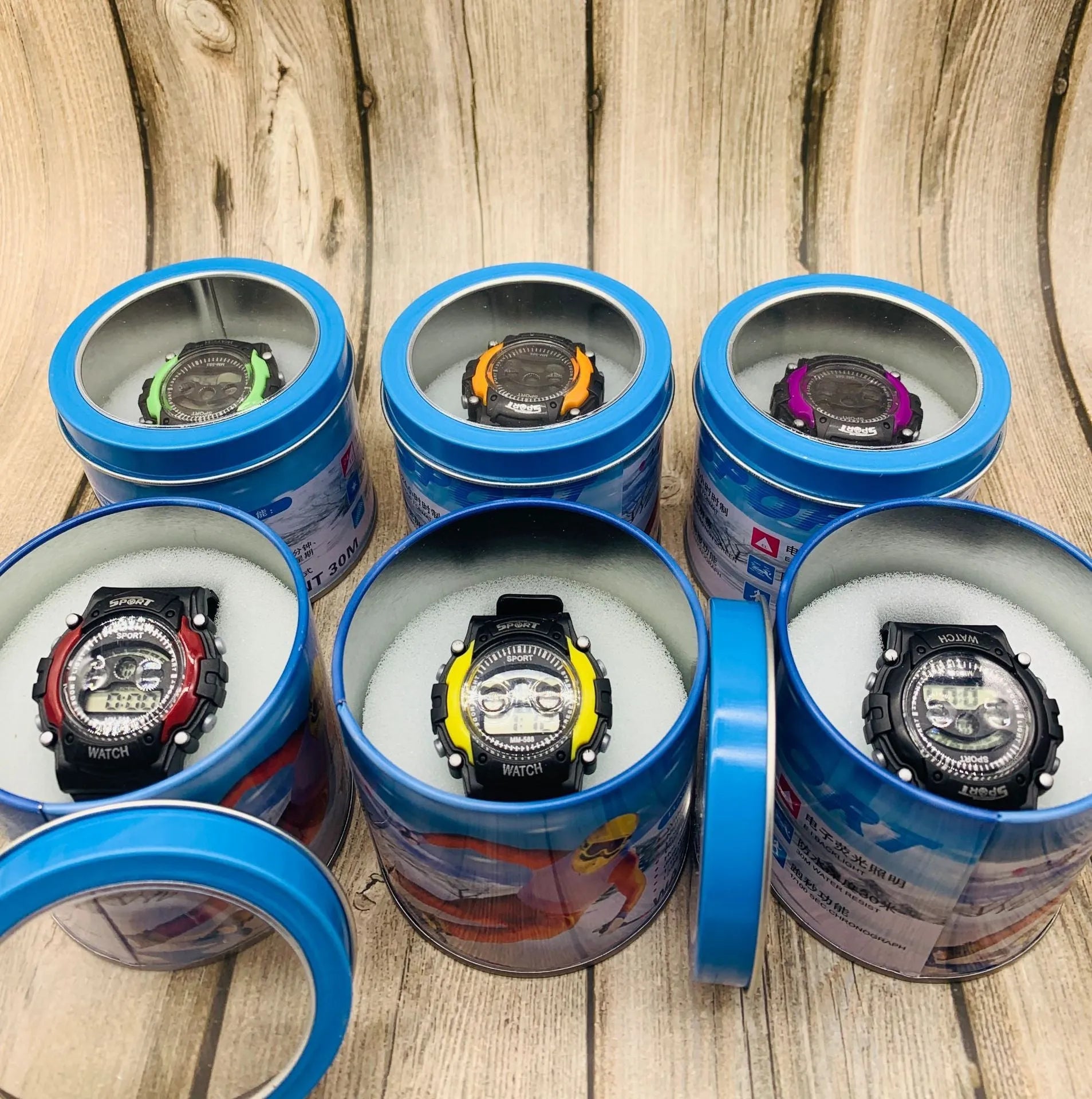 Student digital sports watch with mixed colours, silicone strap and 10m waterproof rating