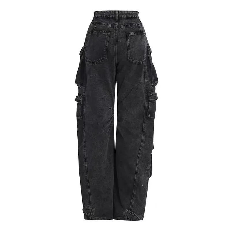 Women's high waist wide leg trousers in tie-dyed denim with multiple pockets and street hipster styling